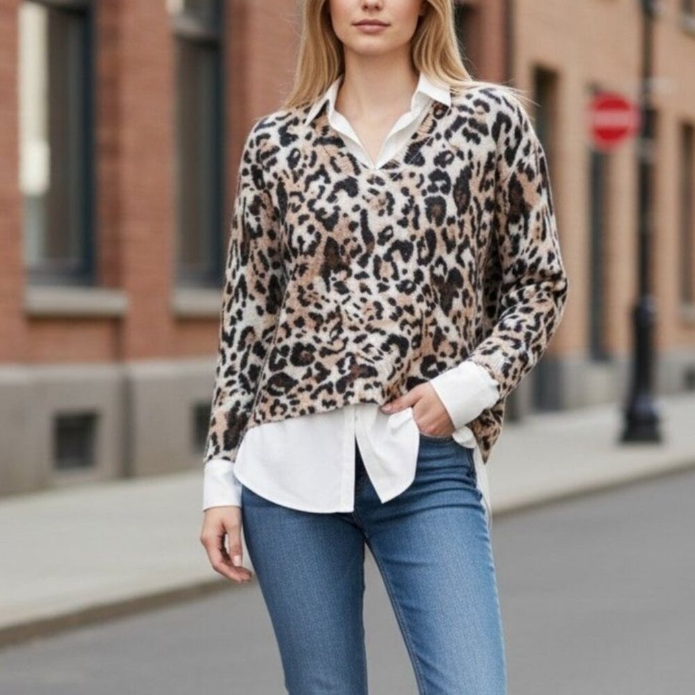 Brochu Walker The Printed Layered V-Neck Sweater. Size S, Brown Multi, White